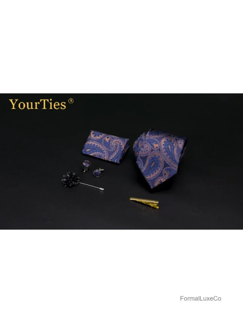 Men's 5PC Silk Tie Set with Cufflinks, Pocket Square, Tie Clip & Lapel Pin -